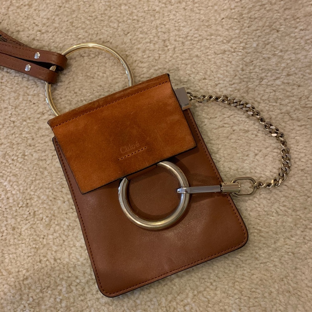 Chloe mini Faye cross body/hand clutch in cognac/brown color.